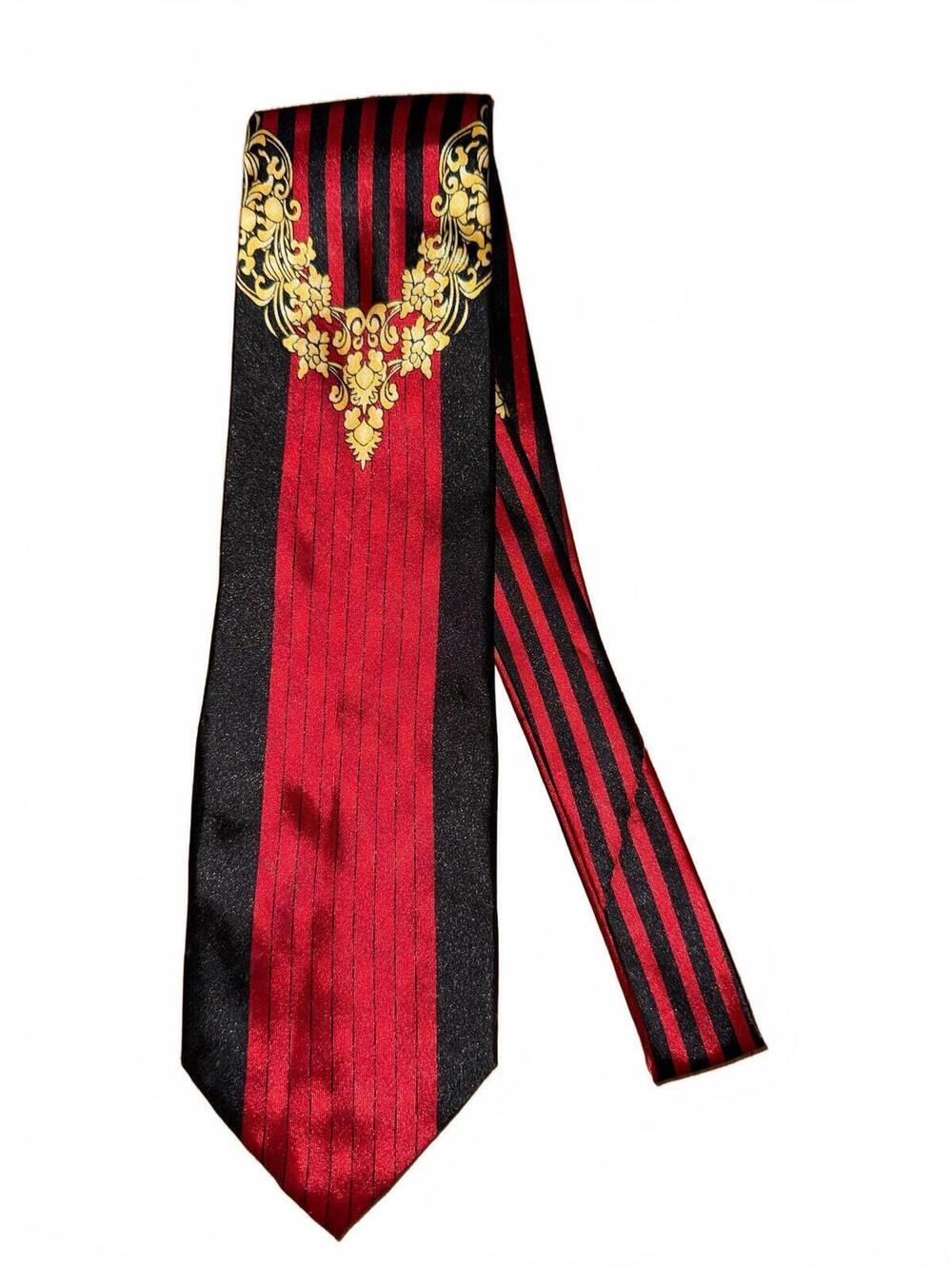 Vintage Daniel Ellissa New York Red and Black Striped Tie with Gold Design